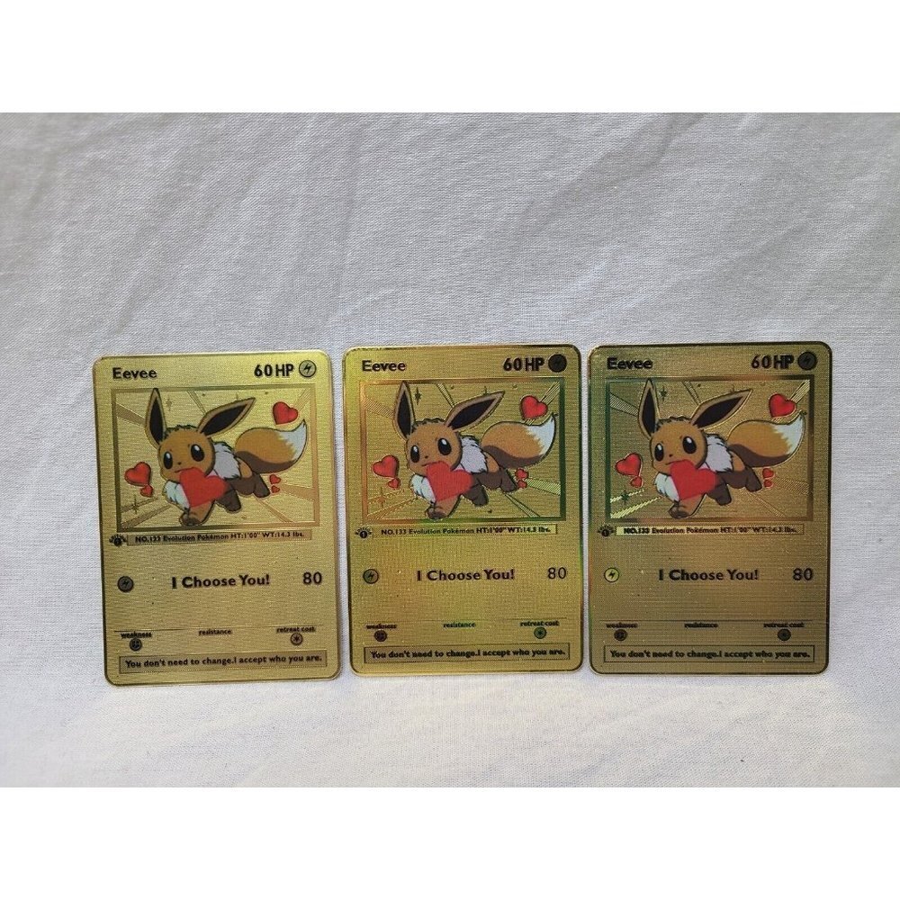 Eevee I Choose You Love Heart Valentine Gold Metal Card- Lot Of 3 FLAWED